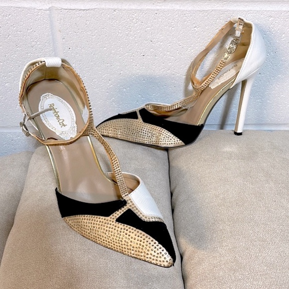 Flawed size 8 mini rhinestone studded T strap high heels gold black white point